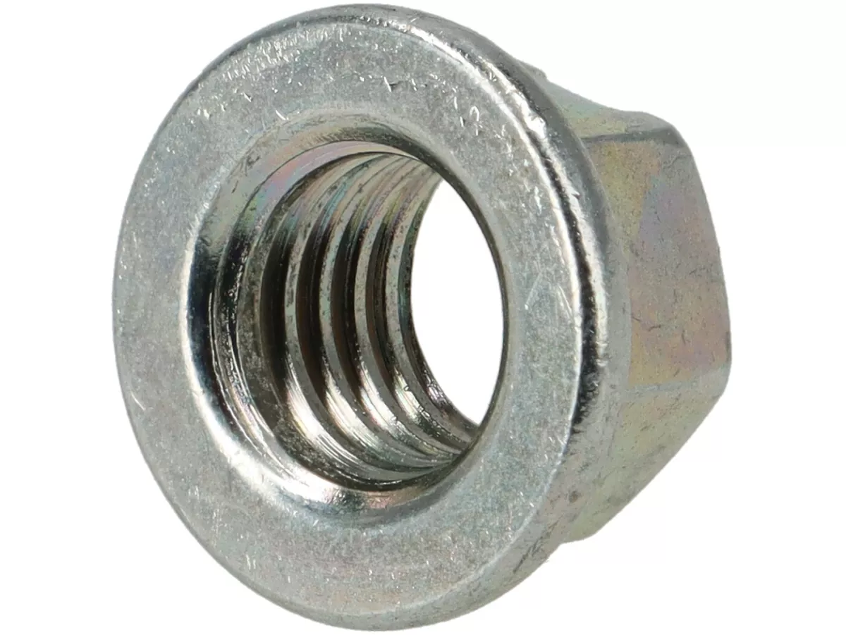 Mur dengan flens dan bagian penjepit - mirip dengan DIN 6923 - M8 (mur crimp) dengan kunci pas ukuran 10 - baja (kepala ekstra kecil, digunakan untuk knalpot manifold Vespa Smallframe)