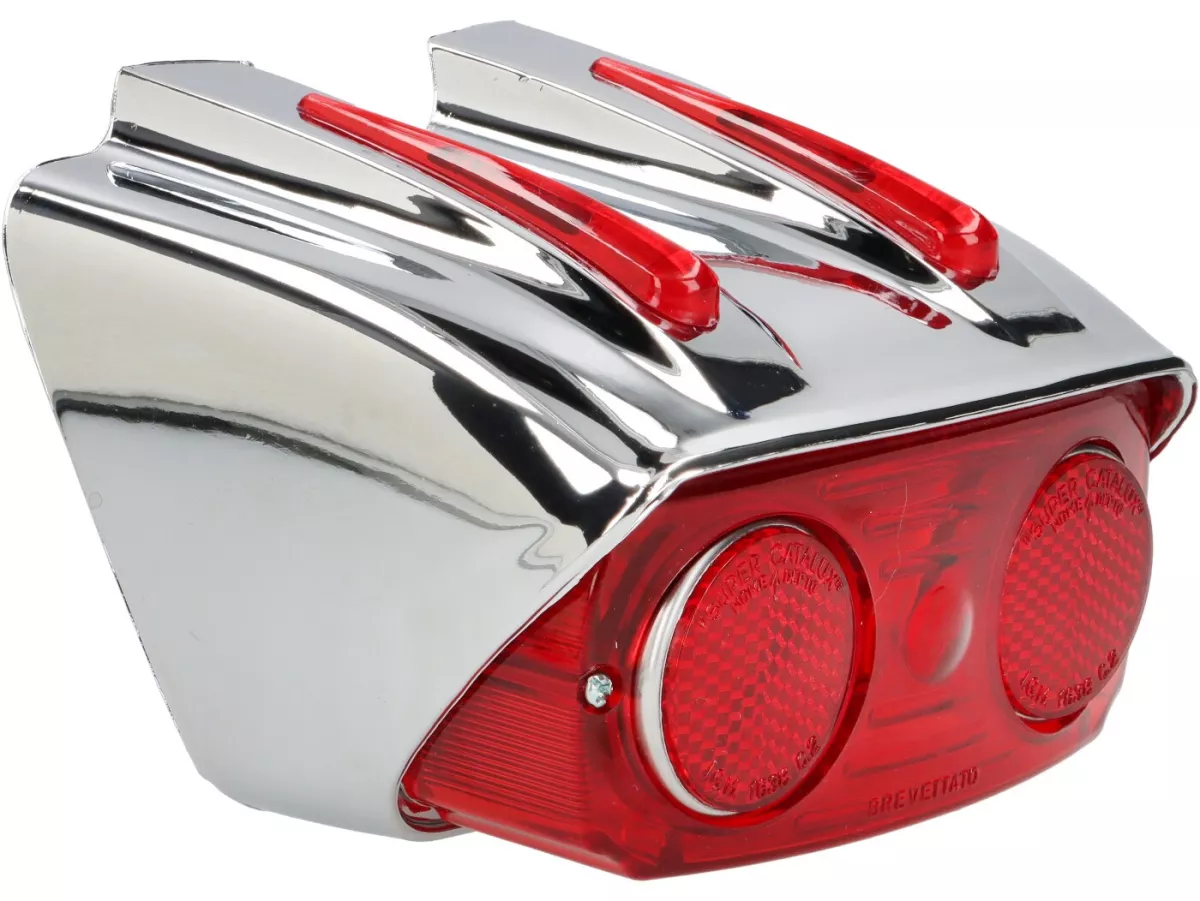 Luz trasera Catalux carcasa de plástico cromada, cristal rojo -CALIDAD OEM- Lambretta LI (Series 1-2), TV (Series 1-2) - incl. junta de goma al marco