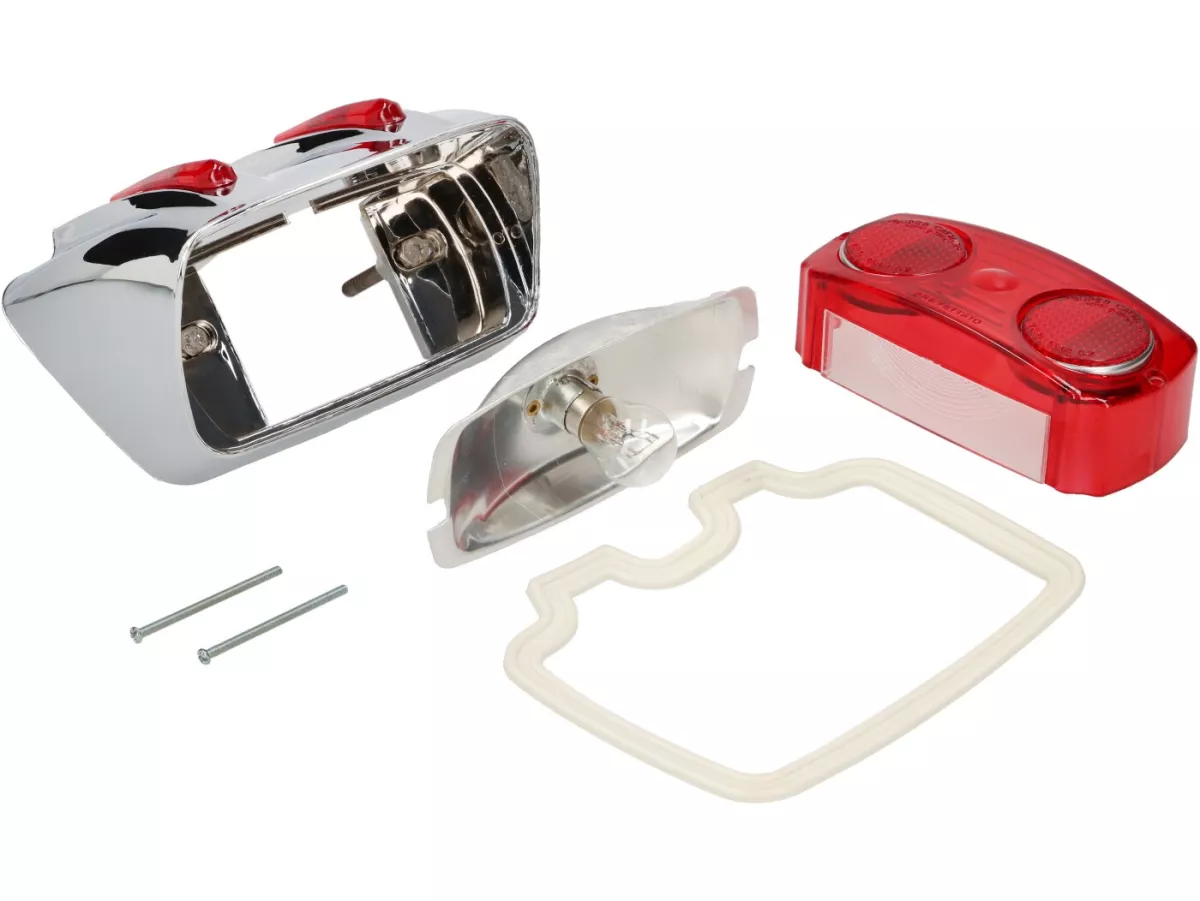 Luz trasera Catalux carcasa de plástico cromada, cristal rojo -CALIDAD OEM- Lambretta LI (Series 1-2), TV (Series 1-2) - incl. junta de goma al marco