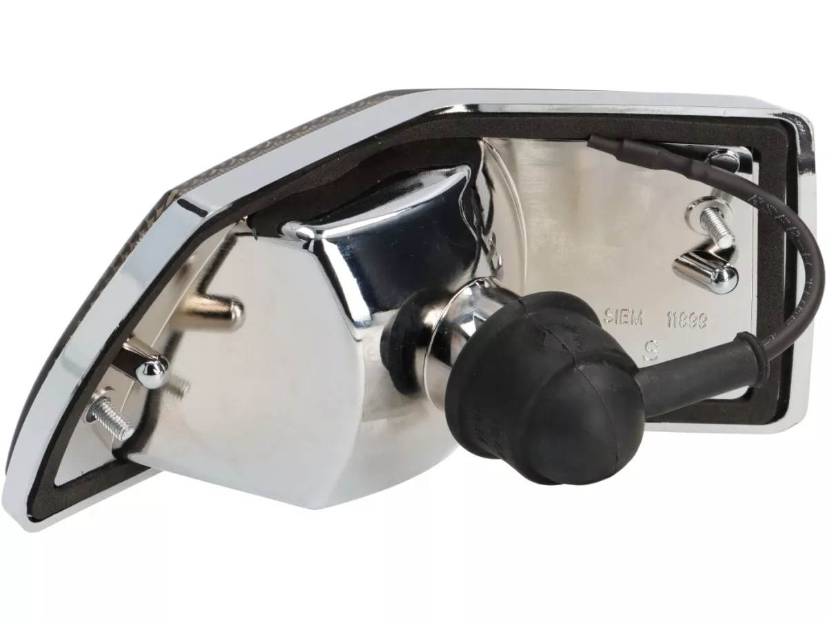 Blinkers -SIEM- Vespa PX80, PX125, PX150, PX200, T5 125cc - kromat hölje - svarta linser - bak vänster