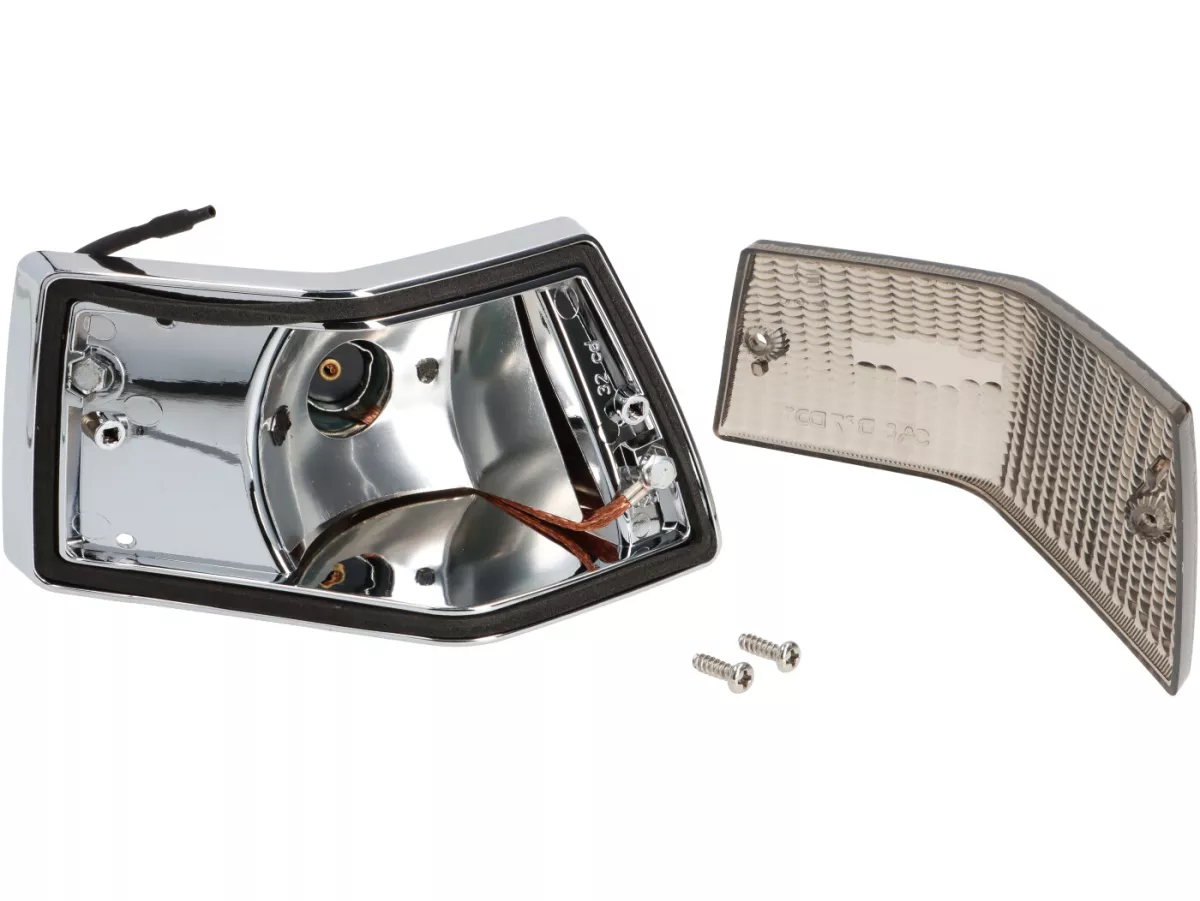 Blinkers -SIEM- Vespa PX80, PX125, PX150, PX200, T5 125cc - kromat hölje - svarta linser - bak vänster