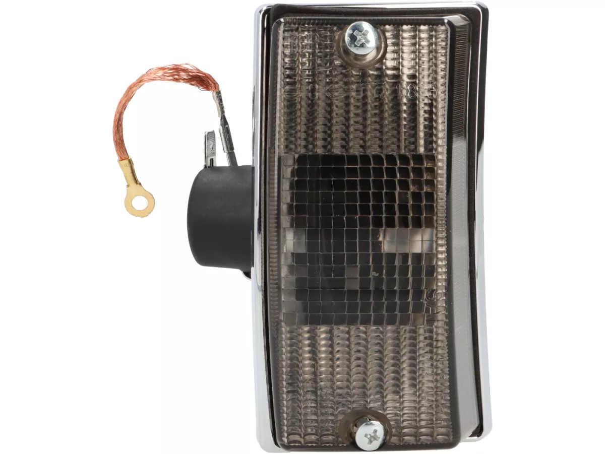 Blinkers -SIEM- Vespa PX80, PX125, PX150, PX200, T5 125cc - kromat hölje - svarta linser - fram vänster