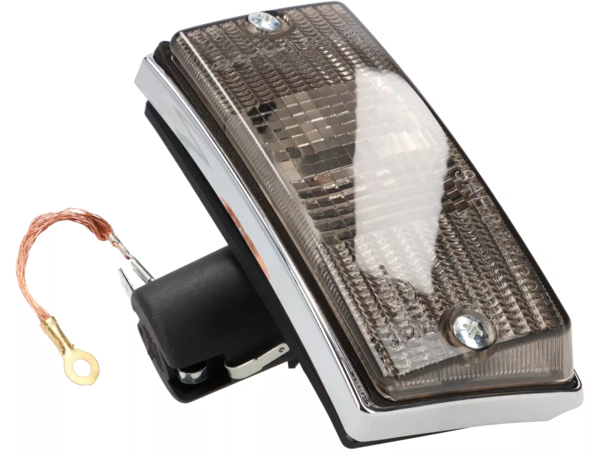 Blinkers -SIEM- Vespa PX80, PX125, PX150, PX200, T5 125cc - kromat hölje - svarta linser - fram vänster