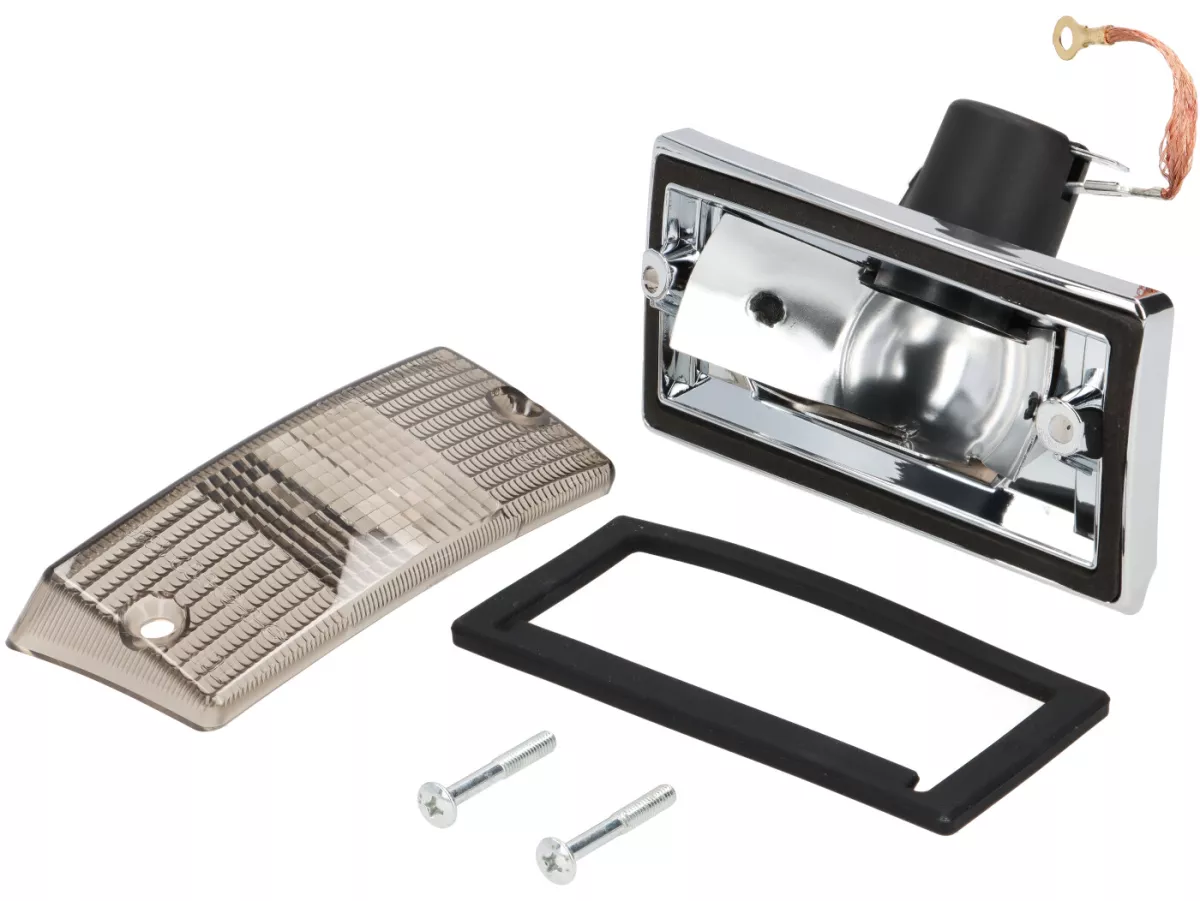 Blinkers -SIEM- Vespa PX80, PX125, PX150, PX200, T5 125cc - kromat hölje - svarta linser - fram vänster