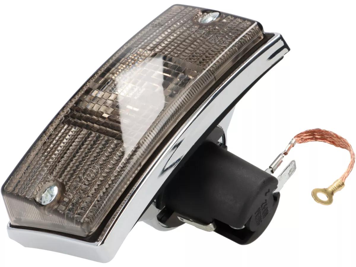 Blinkers -SIEM- Vespa PX80, PX125, PX150, PX200, T5 125cc - kromat hölje - svarta linser - höger fram