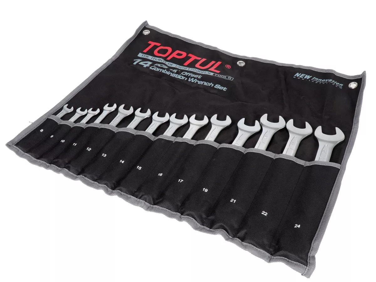 Steeksleutel, 15° ringsleutelset -TOPTUL, 14-delig- 8, 9, 10, 11, 12, 13, 14, 15, 16, 17, 19, 21, 22, 24mm