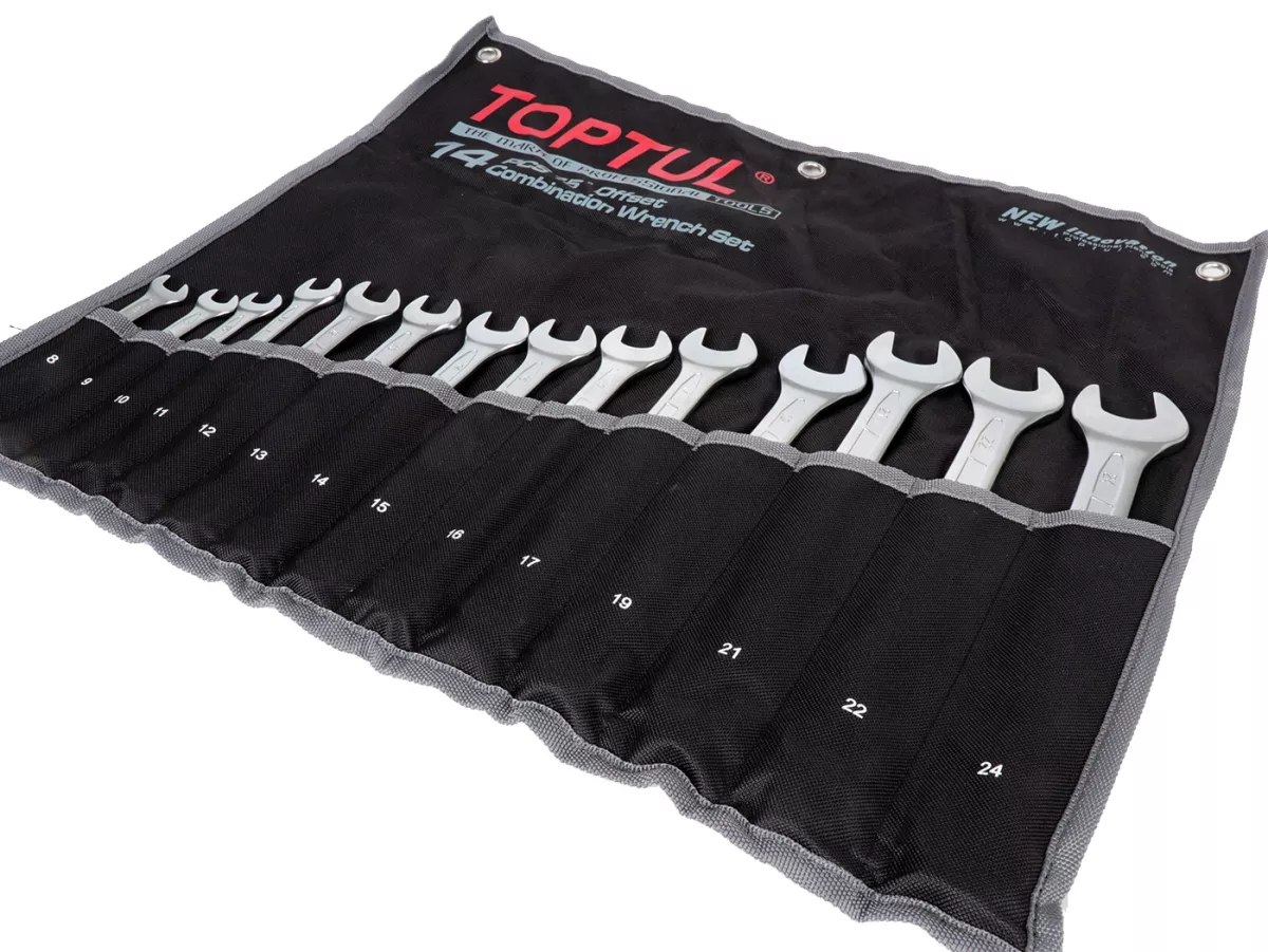 Steeksleutel, 15° ringsleutelset -TOPTUL, 14-delig- 8, 9, 10, 11, 12, 13, 14, 15, 16, 17, 19, 21, 22, 24mm