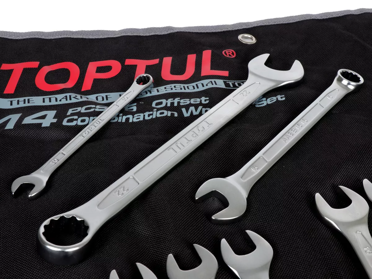 Steeksleutel, 15° ringsleutelset -TOPTUL, 14-delig- 8, 9, 10, 11, 12, 13, 14, 15, 16, 17, 19, 21, 22, 24mm