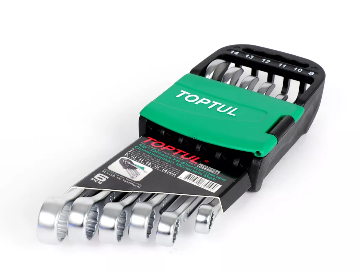 Spanners, 15° offset combination open-ended ring wrench set -TOPTUL Hi-Performance, 6 pieces- 8, 10, 11, 12, 13, 14mm