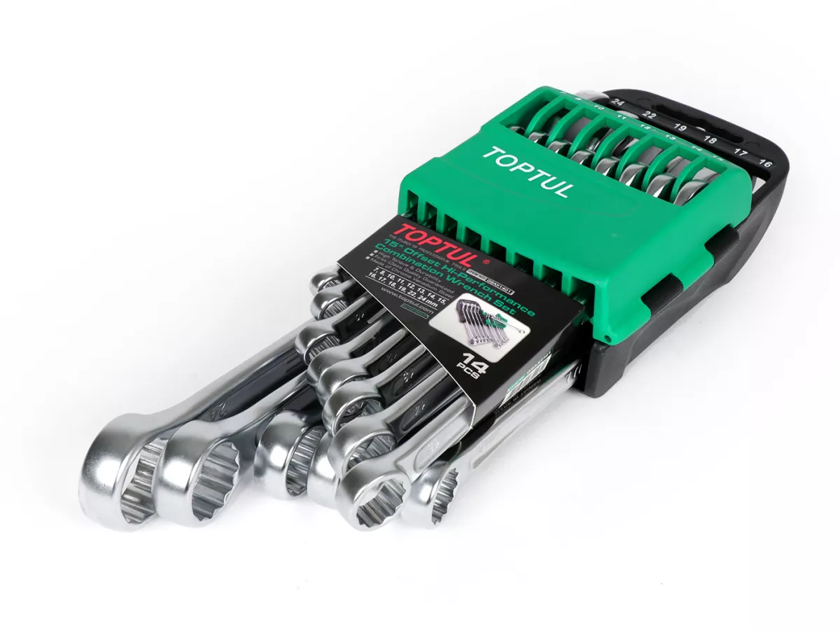 Spanners, 15° offset combination open-ended ring wrench set -TOPTUL Hi-Performance, 14 pieces- 7, 8, 10, 11, 12, 13, 14, 15, 16, 17, 18, 19, 22, 24mm