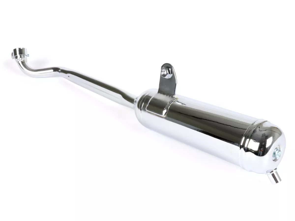 Escape -TECNO- 'moped pot', colector grueso, conexión: Ø22mm- Piaggio Ciao, Bravo - cromado (apto para vehículos con caballete central)