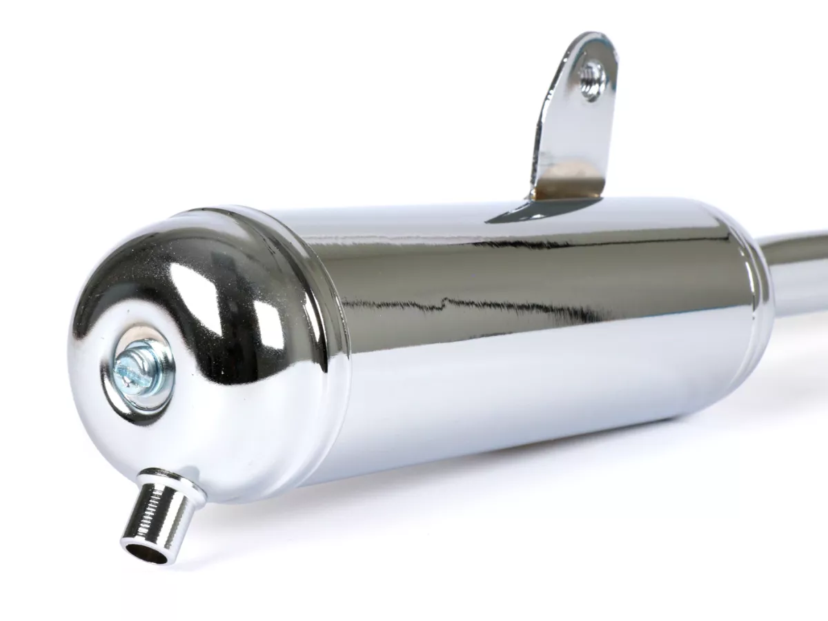 Escape -TECNO- 'moped pot', colector grueso, conexión: Ø22mm- Piaggio Ciao, Bravo - cromado (apto para vehículos con caballete central)
