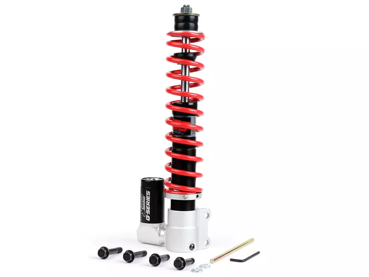 Shock absorber front -YSS Gasdruck mit externen Ausgleichbehälter, 255mm- Vespa PX80, PX125, PX150, PX200, T5 125cc, LML Star