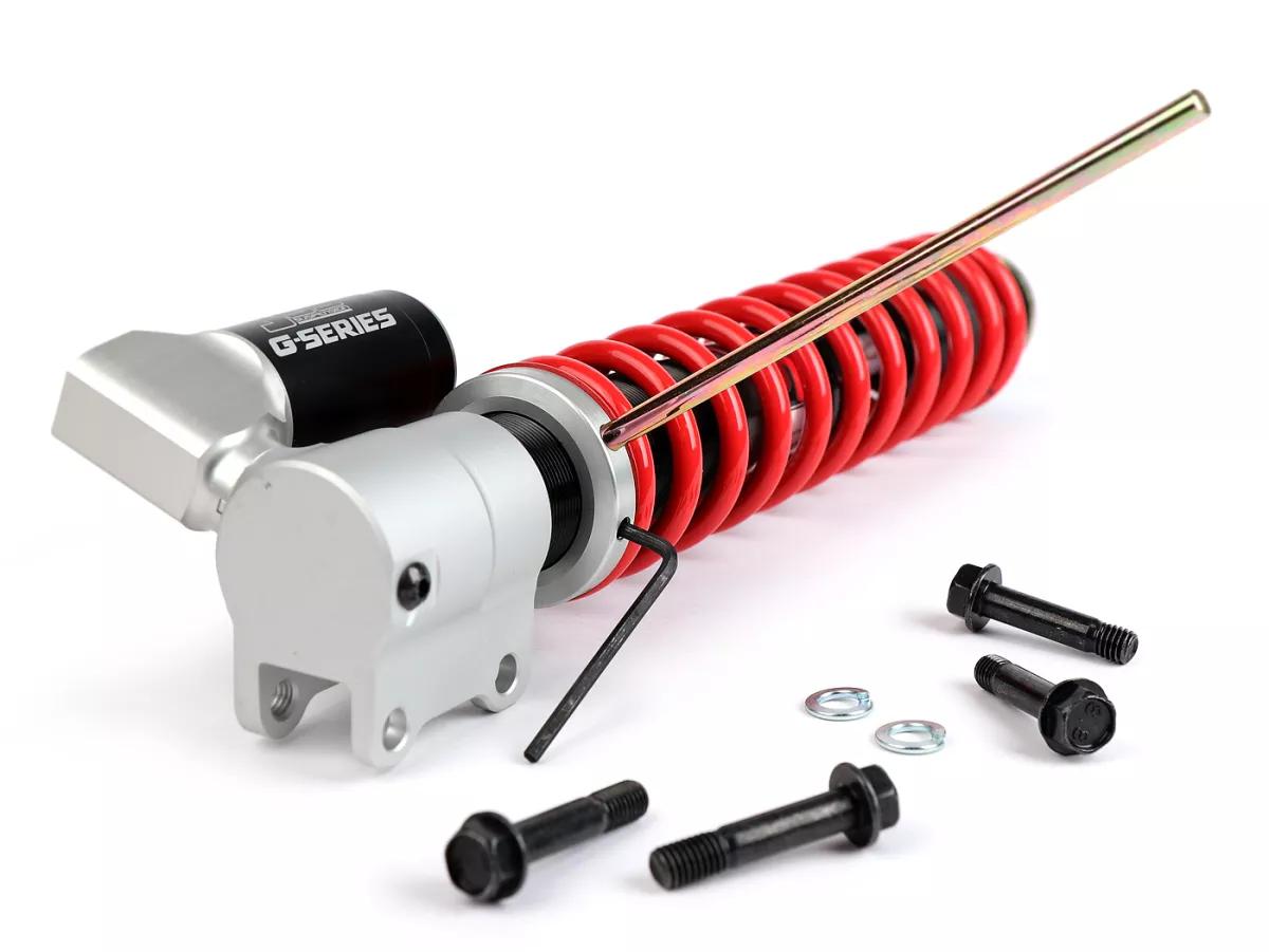 Shock absorber front -YSS Gasdruck mit externen Ausgleichbehälter, 255mm- Vespa PX80, PX125, PX150, PX200, T5 125cc, LML Star