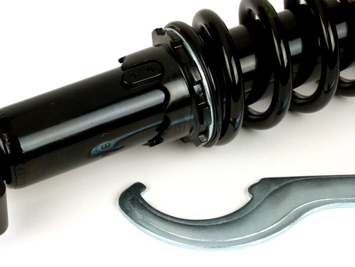 Amortiguador trasero -YSS Pro-X, 330mm, con TÜV/ABE- Vespa PX80, PX125, PX150, PX200, T5 125cc, Rally180 (VSD1T), Rally200 (VSE1T), Sprint150 (VLB1T), TS125 (VNL3T), GT125 (VNL2T), GTR125 (VNL2T), V50, PV, ET3 - Muelle negro