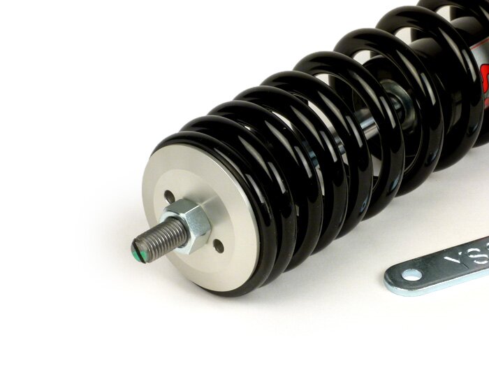 Amortiguador trasero -YSS Pro-X, 330mm, con TÜV/ABE- Vespa PX80, PX125, PX150, PX200, T5 125cc, Rally180 (VSD1T), Rally200 (VSE1T), Sprint150 (VLB1T), TS125 (VNL3T), GT125 (VNL2T), GTR125 (VNL2T), V50, PV, ET3 - Muelle negro