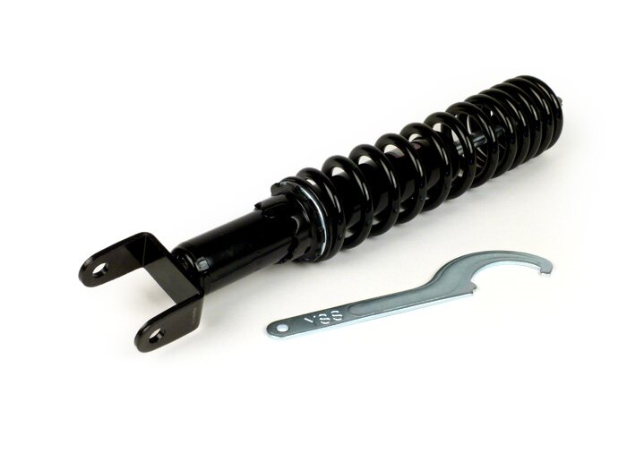 Amortiguador trasero -YSS Pro-X, 330mm, con TÜV/ABE- Vespa PX80, PX125, PX150, PX200, T5 125cc, Rally180 (VSD1T), Rally200 (VSE1T), Sprint150 (VLB1T), TS125 (VNL3T), GT125 (VNL2T), GTR125 (VNL2T), V50, PV, ET3 - Muelle negro