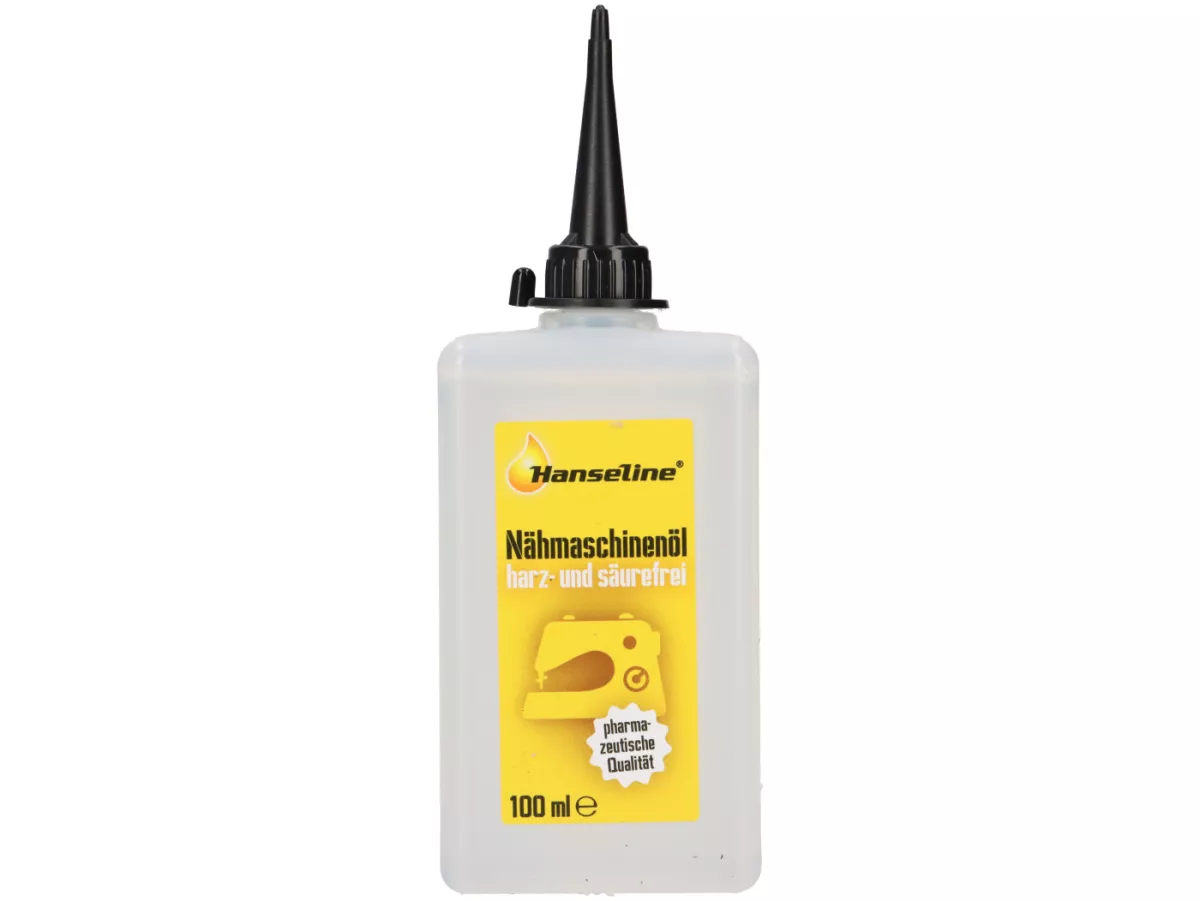 Olio per macchine da cucire -HANSELINE- 100ml, privo di resine e acidi - utilizzato per lubrificare cavi Bowden, meccanica di precisione, tachimetri, serrature, utensili