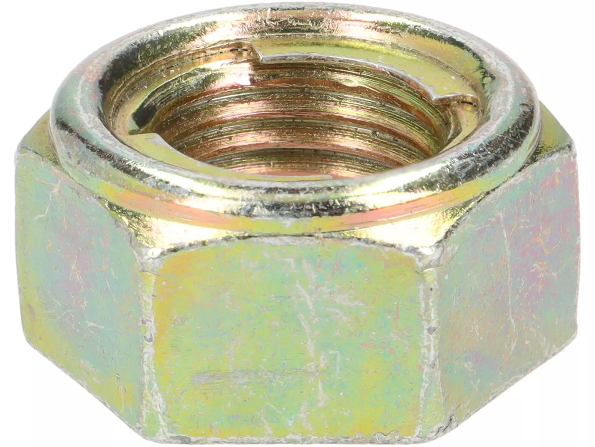 Voorwielmoer M14 x 1,5 (met metalen klemdeel) -PIAGGIO- Vespa PX (1984-), T5 125cc, Cosa, PK, Gilera Fuoco, Piaggio Hexagon, MP3, Quartz, Sfera RST, SKR, Zip SP, Vespa ET2, ET4, GT125, GTL, GTS125, GTV, LX, LXV, S, achterwielmoer Minarelli 50cc