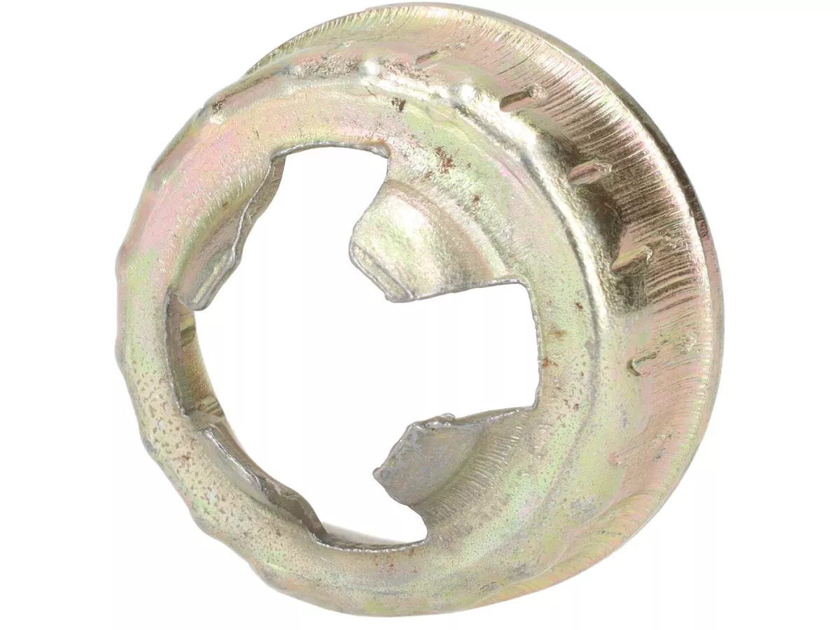 Tuerca de la rueda delantera con jaula de bloqueo -OEM-QUALITY- Vespa PX (a partir de 1984), PK XL, Cosa, ET2, ET4, GT125, GTL, GTS125, GTV, LX, LXV, S, Gilera Fuoco, Piaggio Hexagon, Hexagon GT-GTX, MP3, Quartz, Sfera Sfera RST, SKR, Zip SP