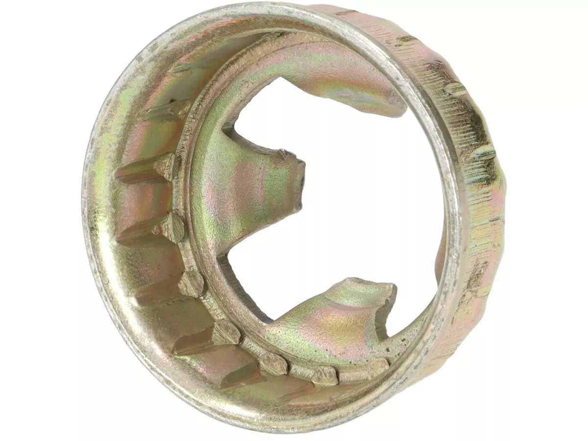 Tuerca de la rueda delantera con jaula de bloqueo -OEM-QUALITY- Vespa PX (a partir de 1984), PK XL, Cosa, ET2, ET4, GT125, GTL, GTS125, GTV, LX, LXV, S, Gilera Fuoco, Piaggio Hexagon, Hexagon GT-GTX, MP3, Quartz, Sfera Sfera RST, SKR, Zip SP
