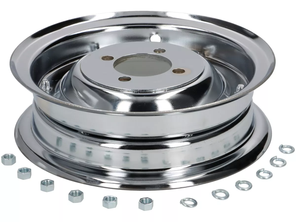 Wheel rim -FA ITALIA 2.10-8 inch, steel - Vespa (type 4 inner holes) - Wideframe V1-15, V30-33, VU, VM, VN, VNA, VNB, VB, VBA, VBB, Hoffmann, ACMA - chrome