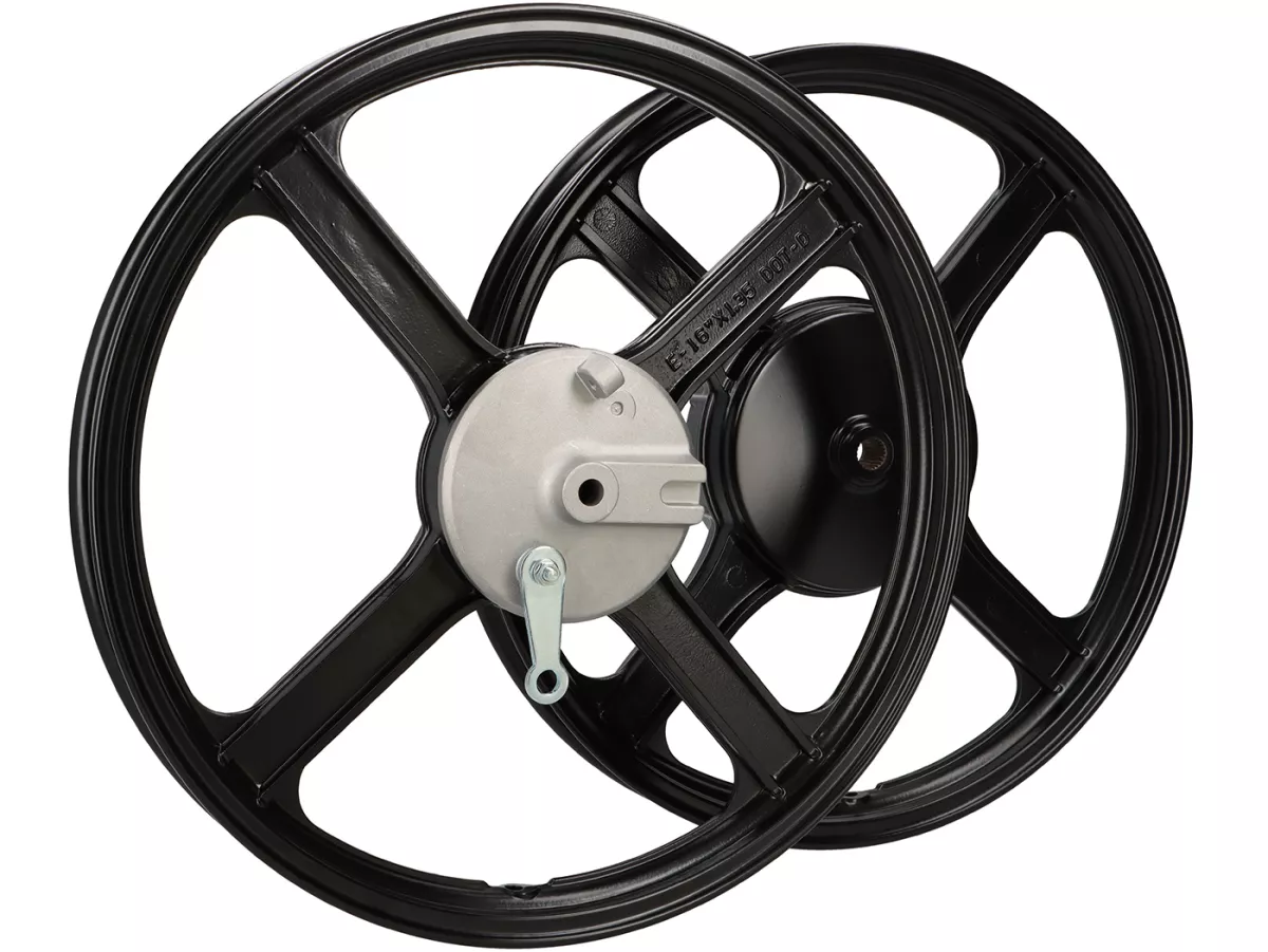 Juego de ruedas - CALIDAD OEM - Piaggio Ciao, Bravo, Si -16x1.35 - incl. placa de anclaje freno delantero - negro