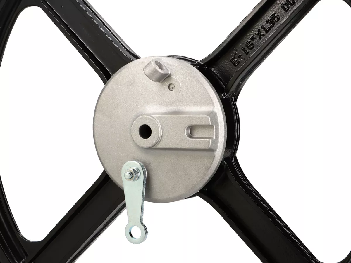 Juego de ruedas - CALIDAD OEM - Piaggio Ciao, Bravo, Si -16x1.35 - incl. placa de anclaje freno delantero - negro