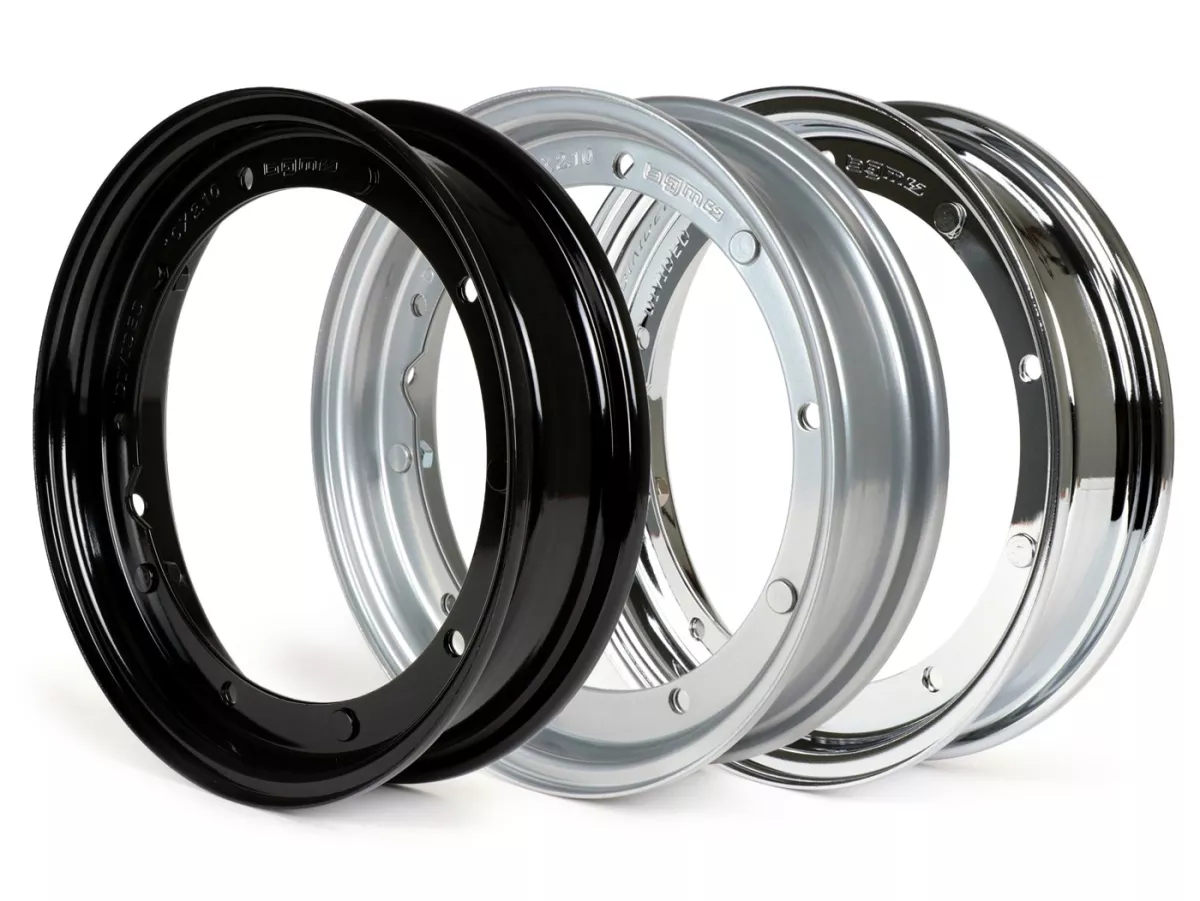 Velg -BGM ORIGINAL 2.10-10 inch staal V2.0 - Vespa (type PX) - Vespa Smallframe V50, 50N, Special, PV, ET3, PK50-125 (S/XL/XL2), Largeframe PX, T5, Sprint, Rally, GT/GTR, LML Star, Deluxe - Vespa Smallframe V50, 50N, Special, PV, ET3, PK50-125 (S/XL/XL2).