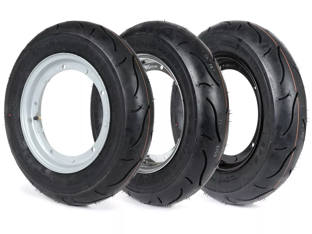 Komplettrad (Reifen fahrbereit auf Felge montiert) -BGM Sport, Vespa Largeframe PX, Sprint, Rally, GT, GTR, TS, T4, LML Star/Stella- 3.50 - 10 Zoll TT 59S (reinforced) - Felge Stahl, lackiert 2.10- 10 -