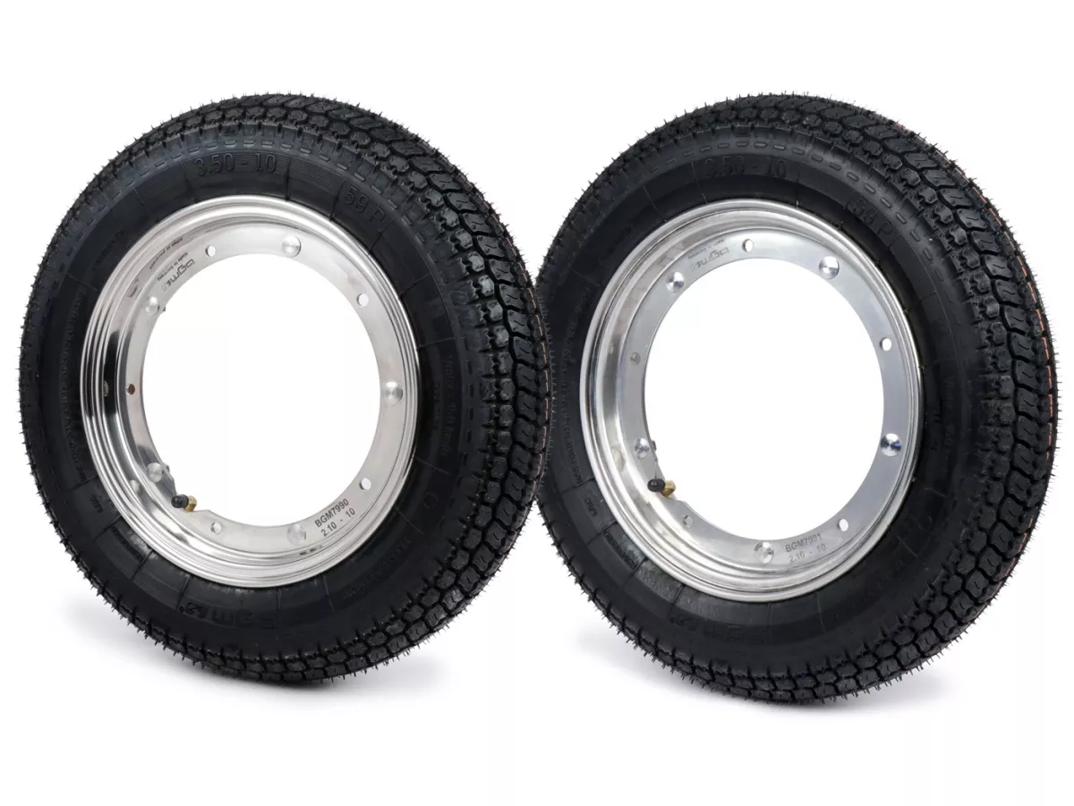 Compleet wiel (band gemonteerd op velg, klaar om te rijden) -BGM Classic, Vespa Largeframe PX, Sprint, Rally, GT, GTR, TS, T4, LML Star/Stella- 3.50 - 10 inch TT 59S (versterkt) - Velg roestvrij staal 2.10- 10- -BGM Classic.