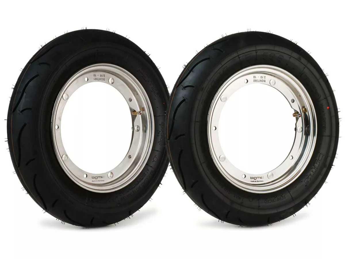 Compleet wiel (band gemonteerd op velg, klaar om te rijden) -BGM Sport, Vespa Largeframe PX, Sprint, Rally, GT, GTR, TS, T4, LML Star/Stella- 3.50 - 10 inch TT 59P (versterkt) - Velg roestvrij staal 2.10- 10- -BGM Sport.