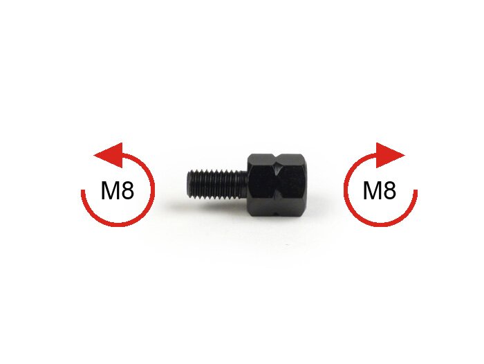 Mirror has right-hand thread M8 to be mounted in M8 left-hand thread