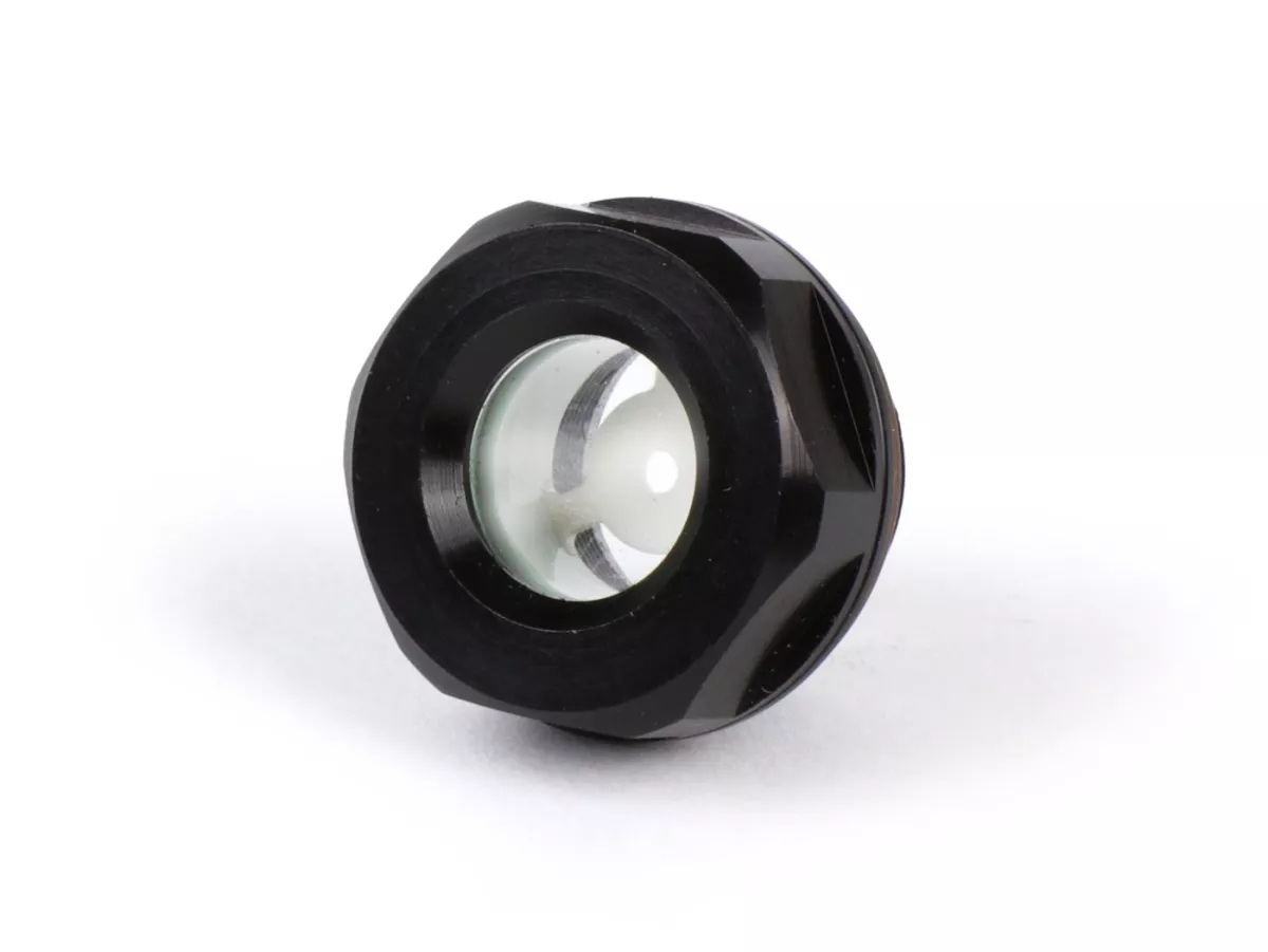 Oil level plug aluminum -GANTER-GRIFF, Black Line- Lambretta LI, LIS, SX, TV (series 2-3), DL, GP, J, Lui - with sight glass and seal