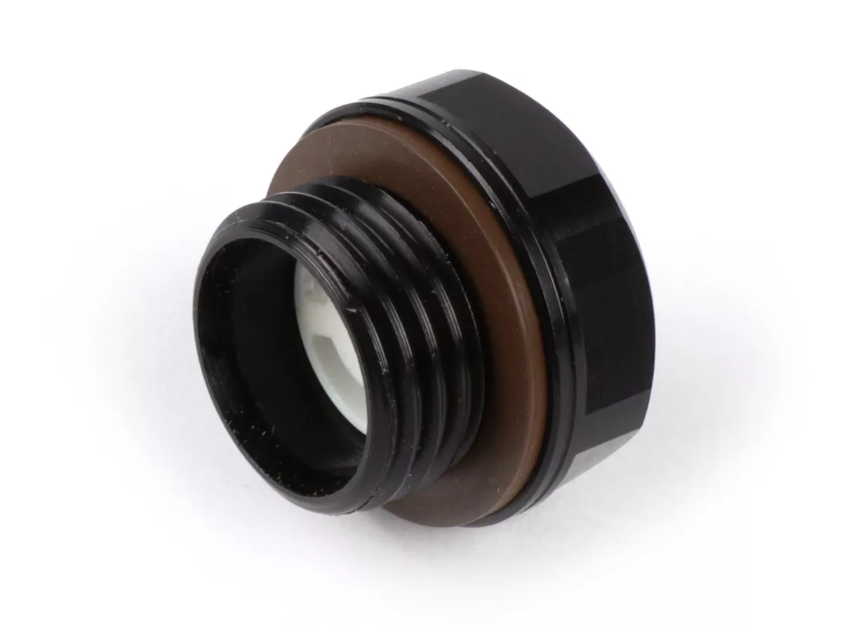 Oil level plug aluminum -GANTER-GRIFF, Black Line- Lambretta LI, LIS, SX, TV (series 2-3), DL, GP, J, Lui - with sight glass and seal