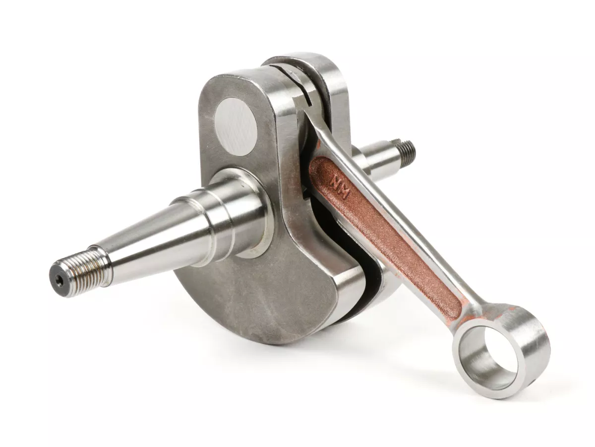 Poros engkol -Poros berbentuk lonceng MAZZUCCHELLI (untuk pemasukan diafragma) - langkah 60mm, batang penghubung 110mm, Ø16mm, termasuk bantalan konversi untuk pin piston Ø15mm dan spacer 5mm untuk dasar silinder - Vespa PX125-150