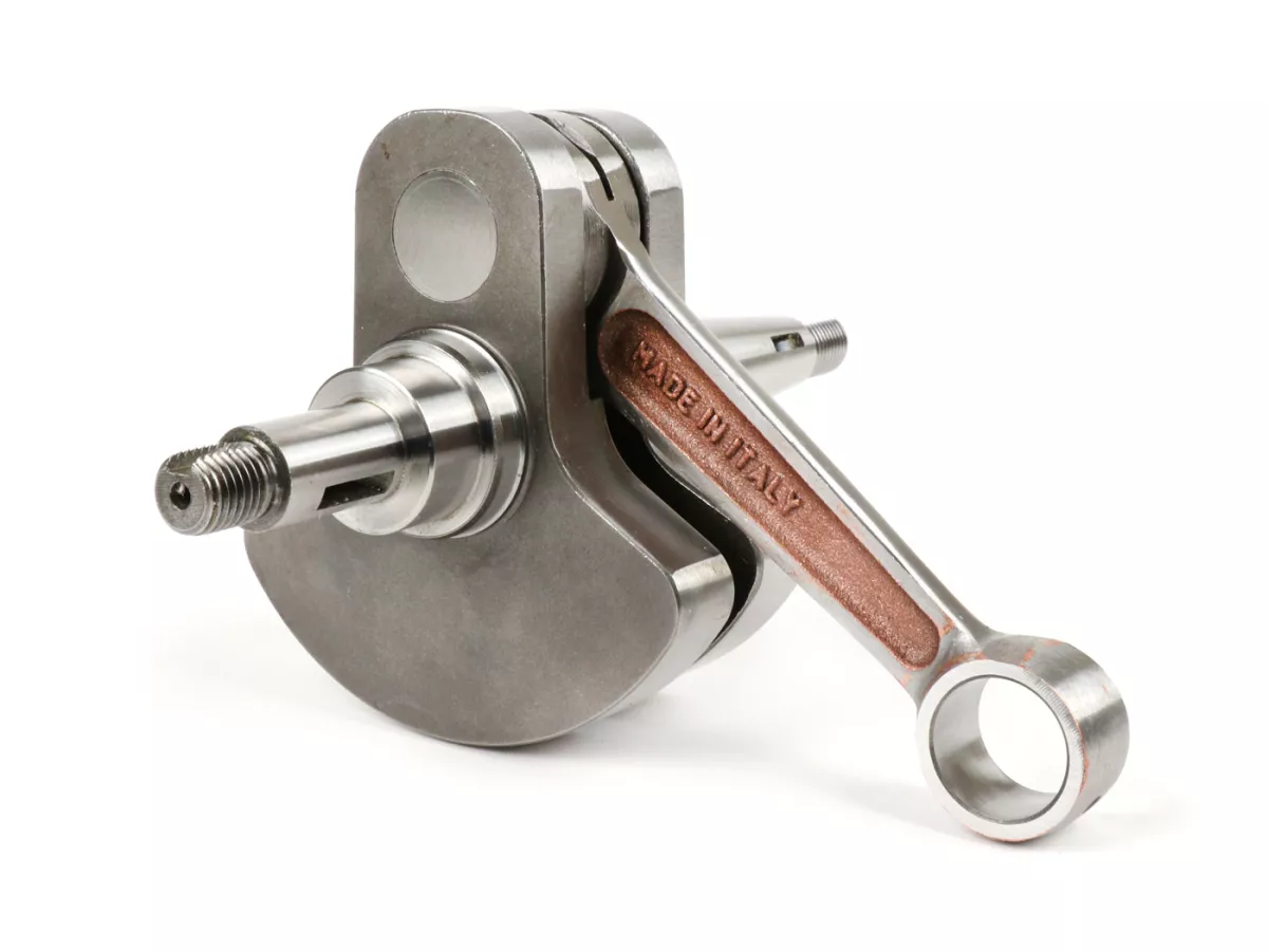Poros engkol -Poros berbentuk lonceng MAZZUCCHELLI (untuk pemasukan diafragma) - langkah 60mm, batang penghubung 110mm, Ø16mm, termasuk bantalan konversi untuk pin piston Ø15mm dan spacer 5mm untuk dasar silinder - Vespa PX125-150