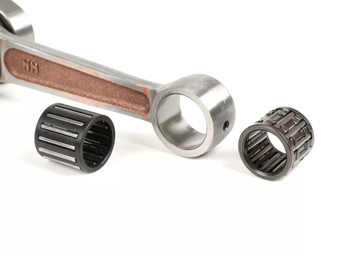 Poros engkol -Poros berbentuk lonceng MAZZUCCHELLI (untuk pemasukan diafragma) - langkah 60mm, batang penghubung 110mm, Ø16mm, termasuk bantalan konversi untuk pin piston Ø15mm dan spacer 5mm untuk dasar silinder - Vespa PX125-150