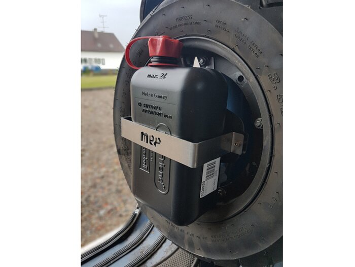 Support bidon d’essence (Fuel Friend BIG 2000ml) pour porte roue de secours avant -MRP- Vespa Smallframe, Largeframe de 10 pouces