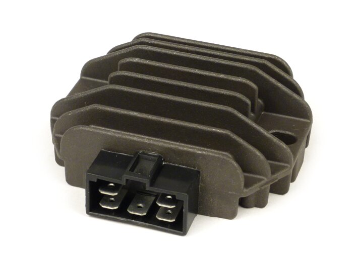 Regulator tegangan -KUALITAS OEM- 5-pin 12V termasuk relai flasher- Vespa ET4 (ZAPM19), LX125-150, LXV125-150, S125-150, Primavera125-150, Sprint125-150, GT125-300, GTS125-300, GTV125-300, GTL125-200, Piaggio 50 ccm Purejet 2-tak (model injeksi), 125-2