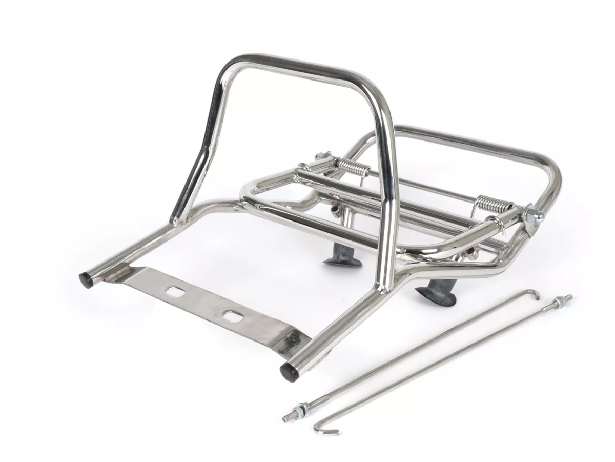 Opklapbaar bagagerek achter -MADRID STYLE steun met rubber- Vespa VNB1-VNB6, VBB1T, VBB2T, Super (VBC1T, VNC1), Sprint150 (VLB1), TS125 (VNL3), GT125 (VNL2), GTR125 (VNL2), GL (VLA1) - verchroomd staal