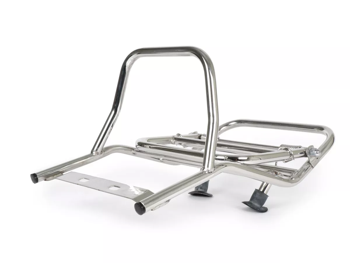 Opklapbaar bagagerek achter -MADRID STYLE steun met rubber- Vespa VNB1-VNB6, VBB1T, VBB2T, Super (VBC1T, VNC1), Sprint150 (VLB1), TS125 (VNL3), GT125 (VNL2), GTR125 (VNL2), GL (VLA1) - verchroomd staal