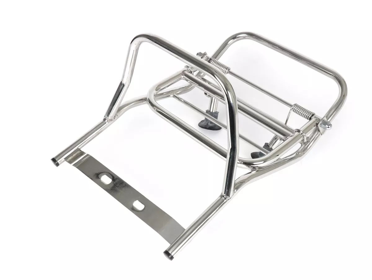 Opklapbaar bagagerek achter -MADRID STYLE steun met rubber- Vespa VNB1-VNB6, VBB1T, VBB2T, Super (VBC1T, VNC1), Sprint150 (VLB1), TS125 (VNL3), GT125 (VNL2), GTR125 (VNL2), GL (VLA1) - verchroomd staal