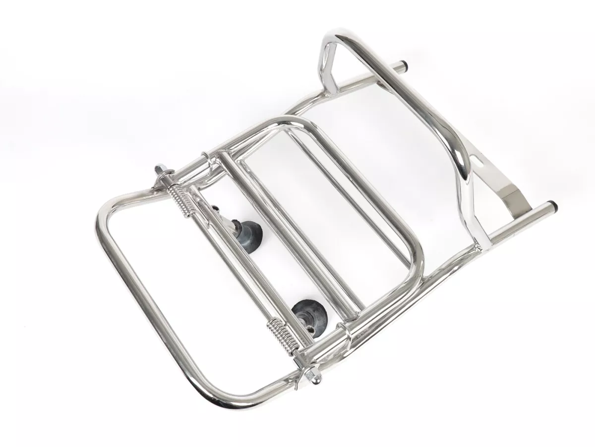 Opklapbaar bagagerek achter -MADRID STYLE steun met rubber- Vespa VNB1-VNB6, VBB1T, VBB2T, Super (VBC1T, VNC1), Sprint150 (VLB1), TS125 (VNL3), GT125 (VNL2), GTR125 (VNL2), GL (VLA1) - verchroomd staal