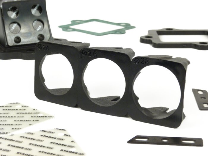 Membranblock -Stage6- R/T FKM - Minarelli 50-100 ccm (horizontal), Suzuki/Aprilia 50 ccm, CPI, Keeway, Sachs, Lambretta LTH Membran Ansaugstutzen V3.0