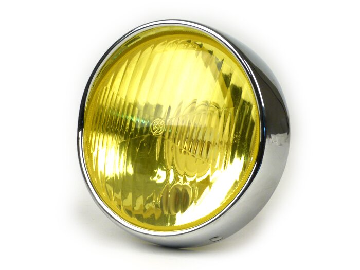 Strålkastare -BOSATTA Ø=115/120mm (glas/utsida)- Vespa VNB3T till VNB6T, VBA1T, VBB1T till VBB2T, GS150 / GS3 (VS4T till VS5T), GS160 / GS4 (VSB1T) - gult plastglas, inkl. trimring