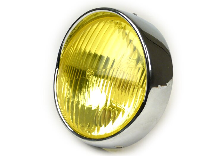 Strålkastare -BOSATTA Ø=115/120mm (glas/utsida)- Vespa VNB3T till VNB6T, VBA1T, VBB1T till VBB2T, GS150 / GS3 (VS4T till VS5T), GS160 / GS4 (VSB1T) - gult plastglas, inkl. trimring