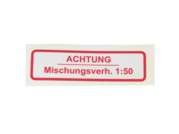 Sticker voor benzinedop -OEM KWALITEIT- Vespa Duits, Aandacht mengverhouding 1:50 -Rood