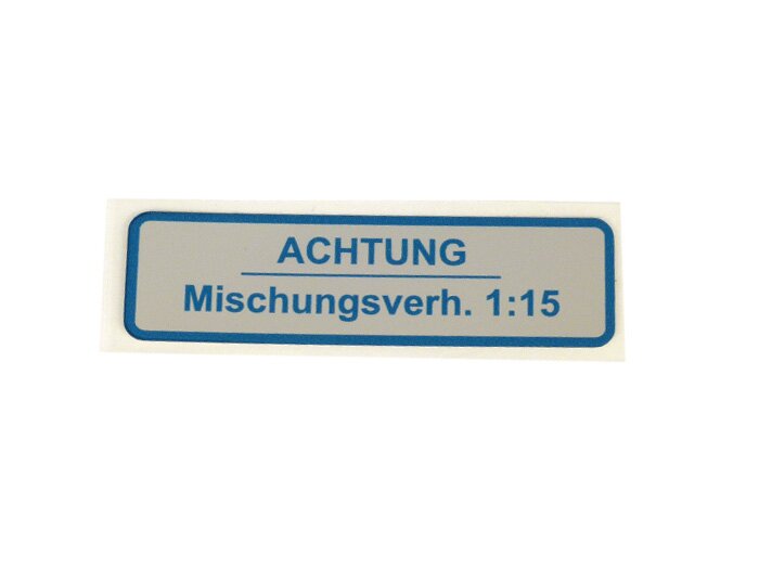 Stiker untuk tutup bensin -KUALITAS OEM- Vespa Jerman, rasio pencampuran perhatian 1:15 -biru