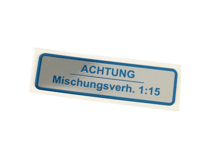 Stiker untuk tutup bensin -KUALITAS OEM- Vespa Jerman, rasio pencampuran perhatian 1:15 -biru